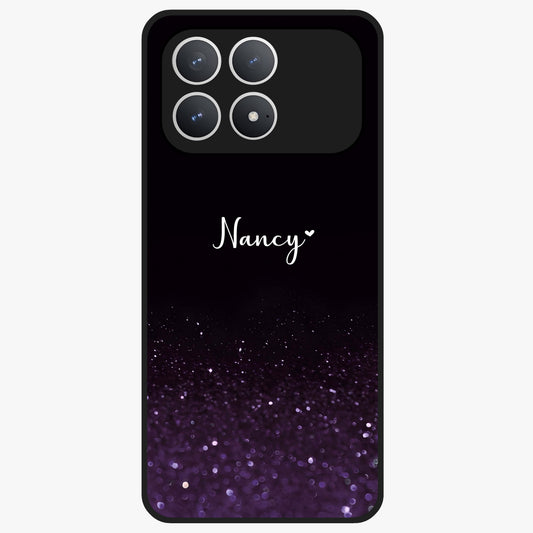 Glittery Purple Bokeh Custom Name Glass Case showing flat back view with purple bokeh sparkle artwork and personalized name design.