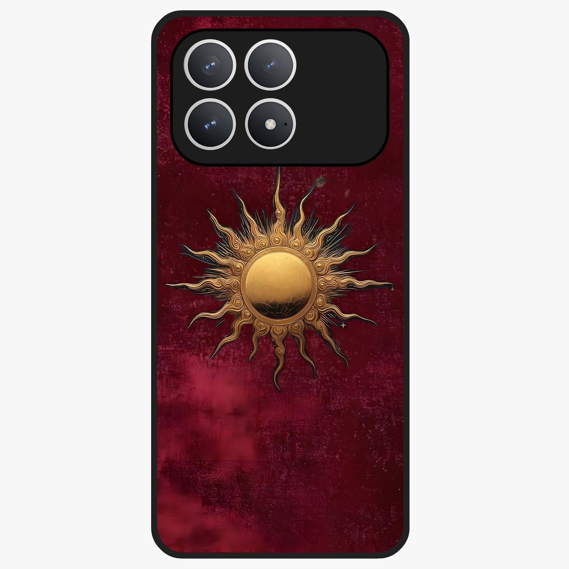 Gold Sun Blush Glass Case showing flat back view with golden sun inspired artwork and glossy glass finish.