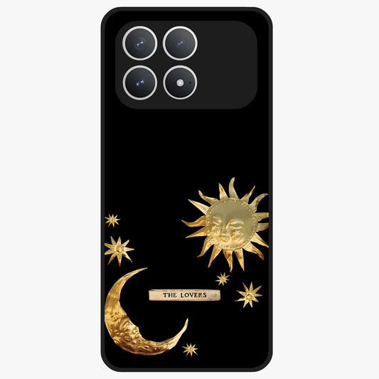 Golden Celestial Charm Glass Case showing flat back view with golden celestial charm artwork and glossy glass finish.
