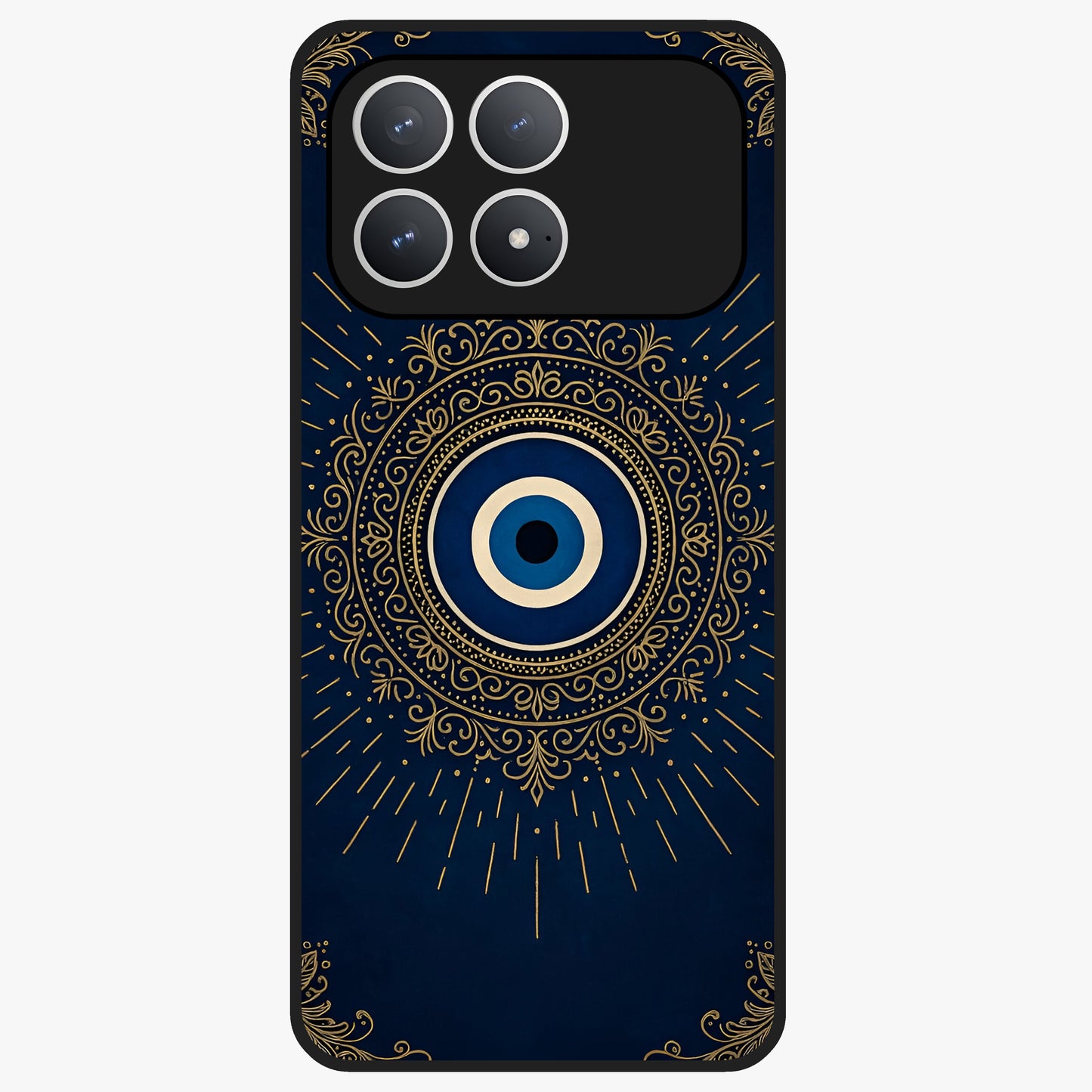 Golden Evil Eye Mandala Glass Case showing flat back view with intricate evil eye mandala artwork and glossy glass finish.