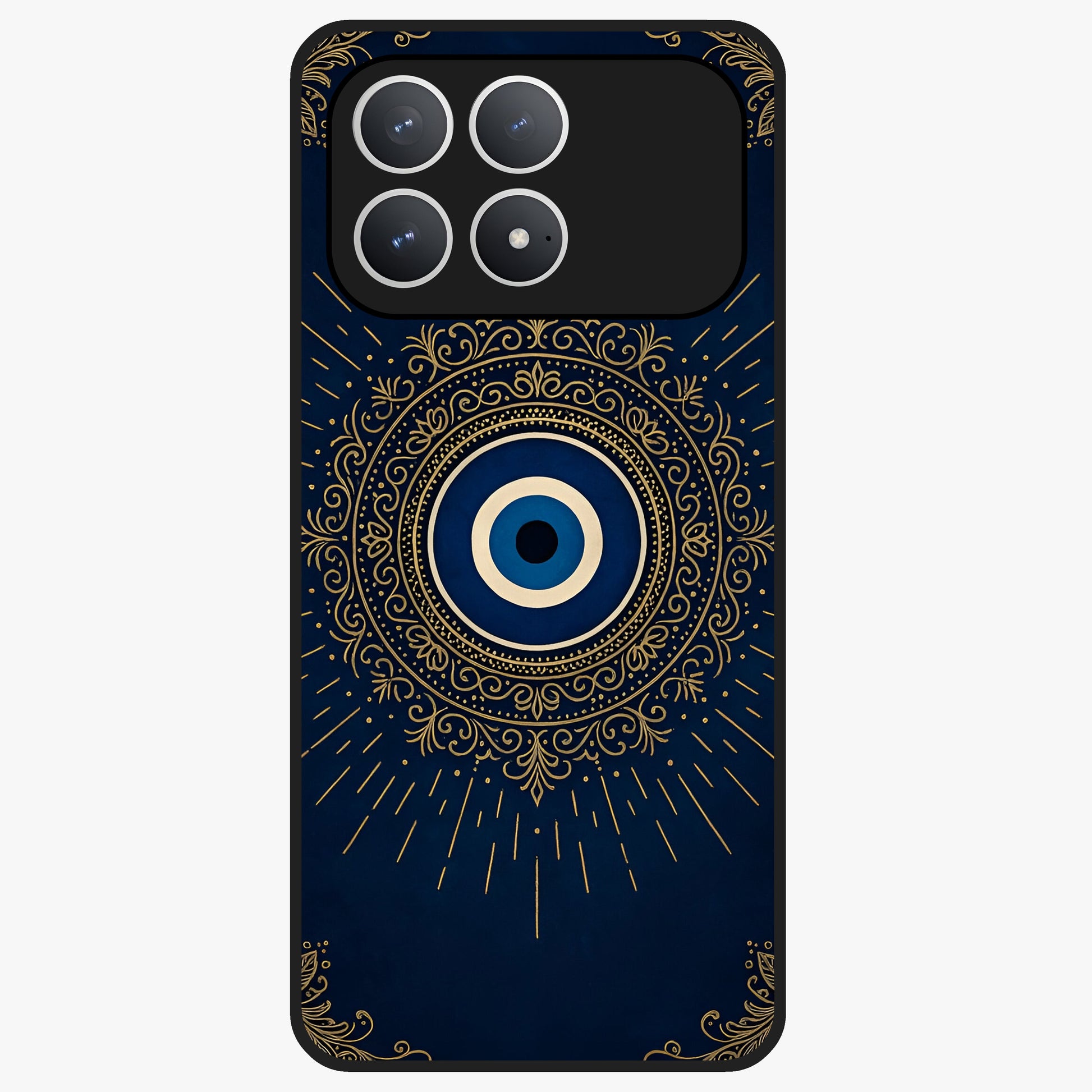 Golden Evil Eye Mandala Glass Case showing flat back view with intricate evil eye mandala artwork and glossy glass finish.