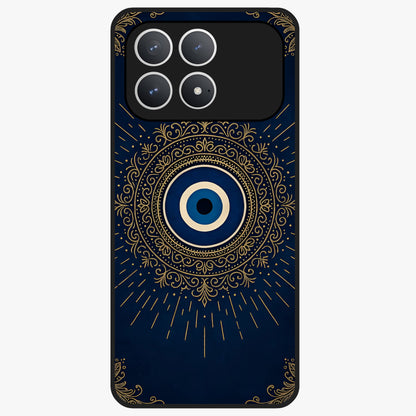 Golden Evil Eye Mandala Glass Case showing flat back view with intricate evil eye mandala artwork and glossy glass finish.