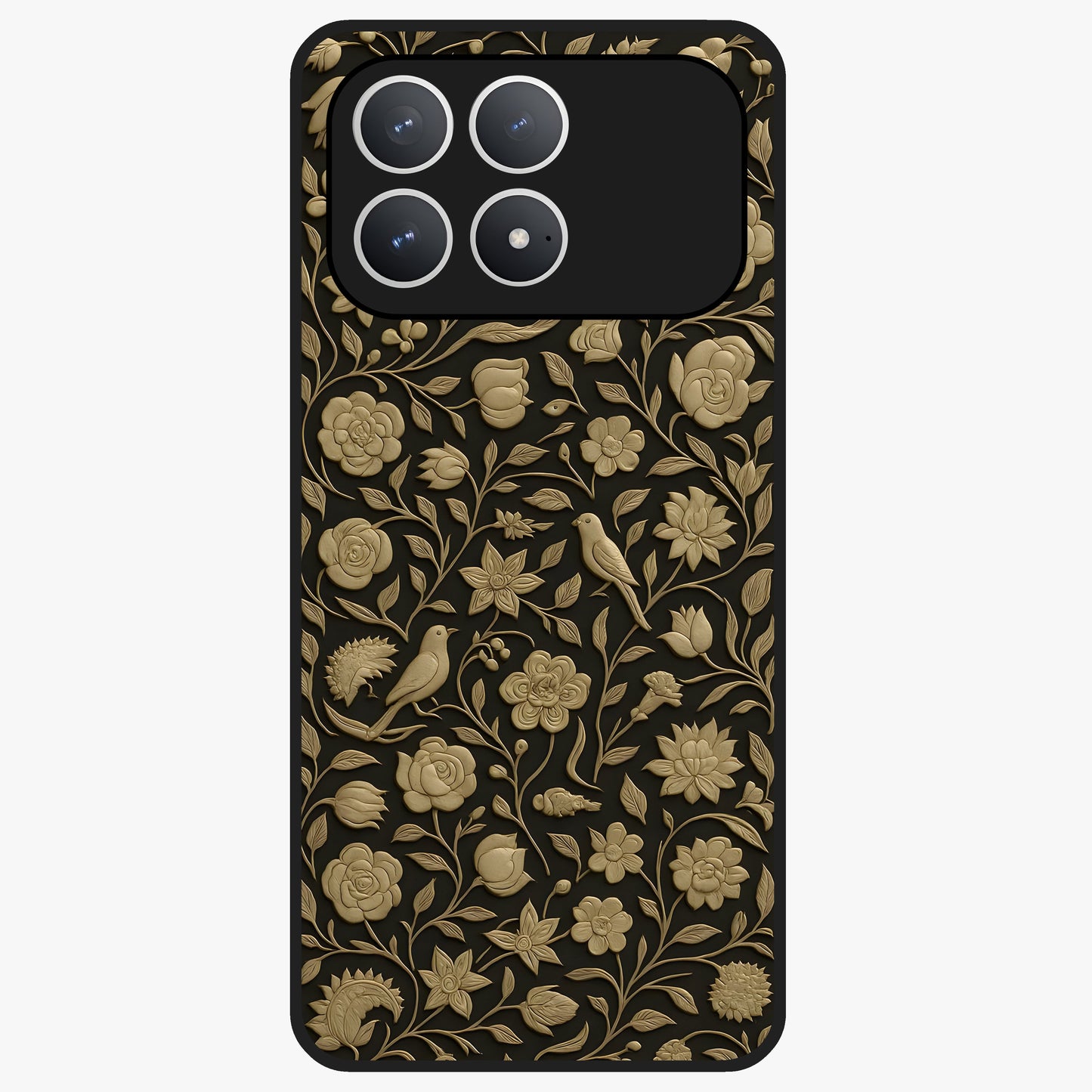 Golden Floral Majesty Glass Case showing flat back view with luxurious golden floral artwork and glossy glass finish.