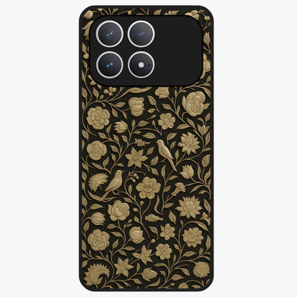 Golden Floral Majesty Glass Case showing flat back view with luxurious golden floral artwork and glossy glass finish.