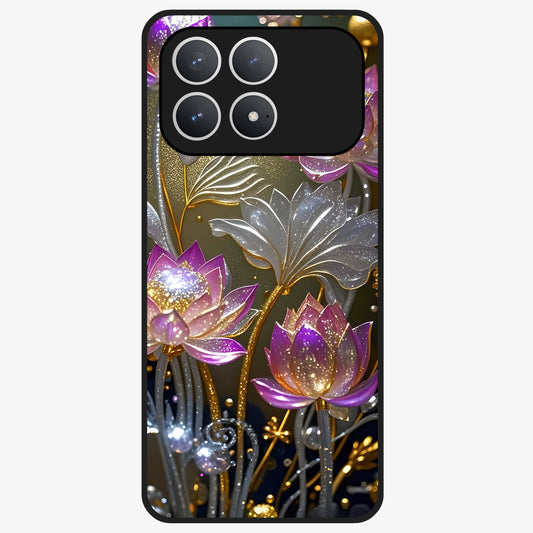 Golden Lotus Glow Glass Case showing flat back view with glowing lotus flower artwork and glossy glass finish.