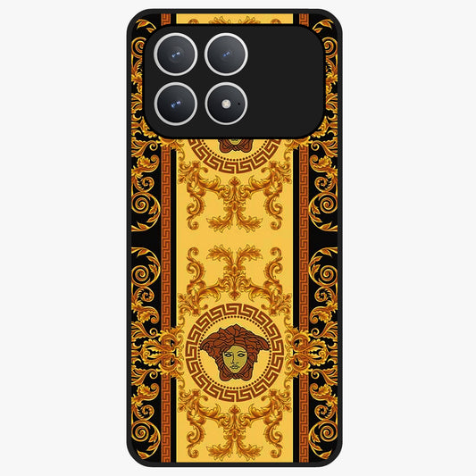 Golden Royal Heritage Glass Case showing flat back view with ornate royal pattern artwork and glossy glass finish.