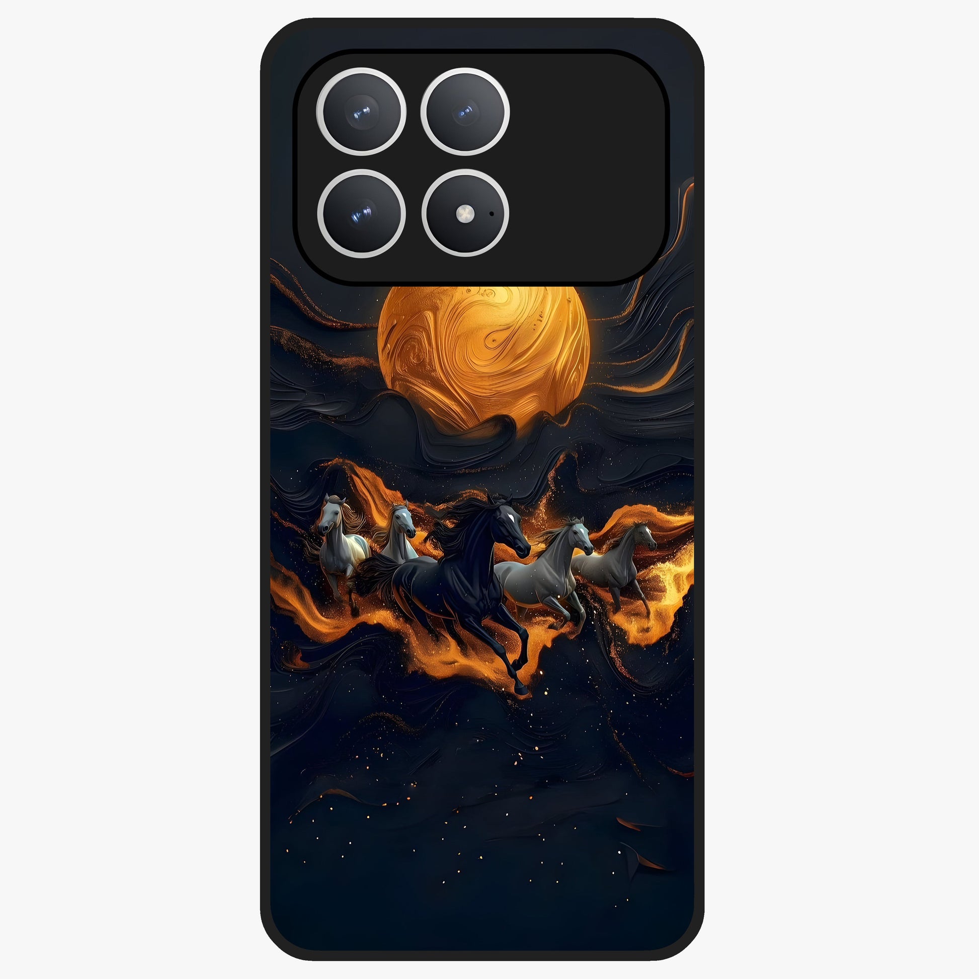 Golden Stallion Moonride Glass Case showing flat back view with majestic horse under moonlight artwork and glossy glass finish.