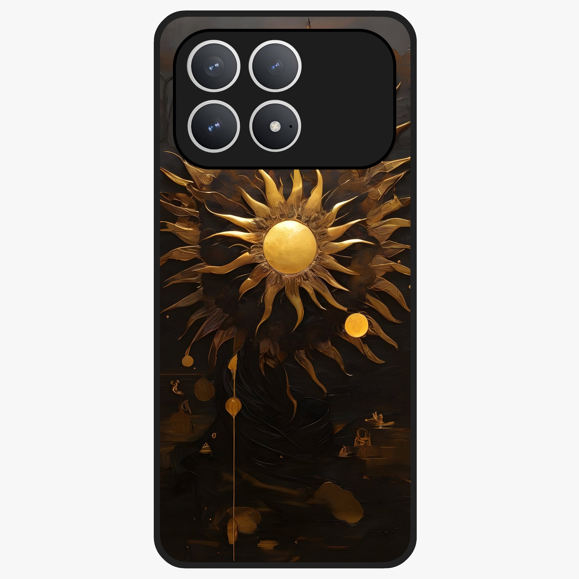 Golden Sun Majesty Glass Case showing flat back view with radiant golden sun artwork and glossy glass finish.