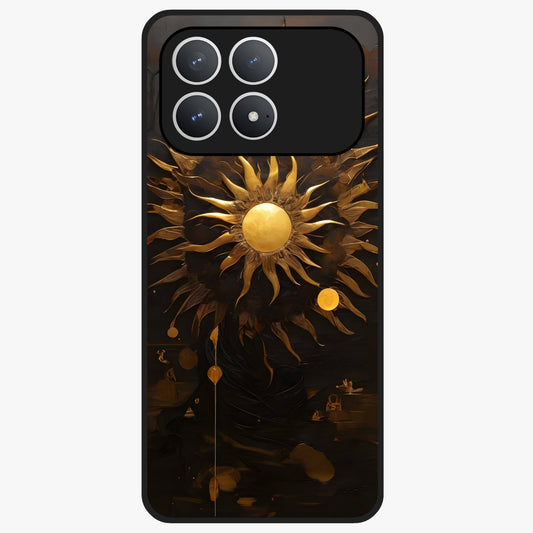 Golden Sun Majesty Glass Case showing flat back view with radiant golden sun artwork and glossy glass finish.