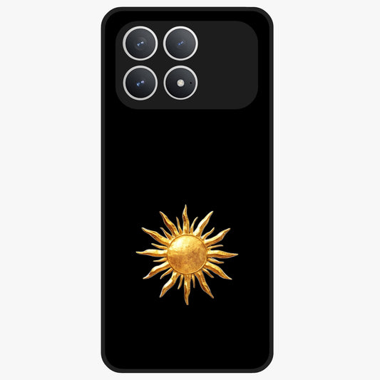 Golden Sun Minimalism Glass Case showing flat back view with minimal golden sun artwork and glossy glass finish.