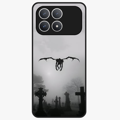 Graveyard Shadow Descent Glass Case showing flat back view with dark graveyard themed artwork and glossy glass finish.