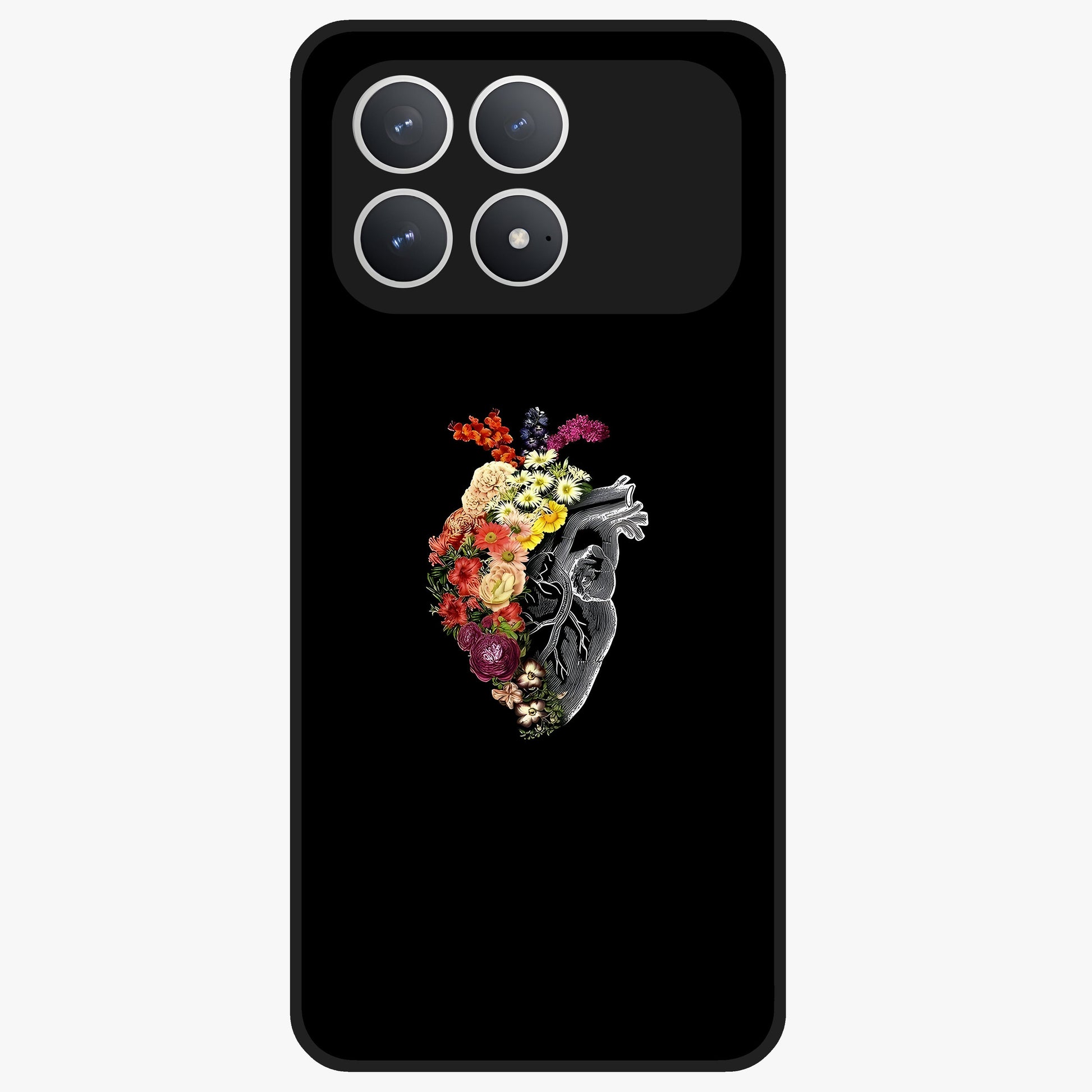Heart With Flowers Glass Case showing flat back view with heart shaped floral artwork and glossy glass finish.