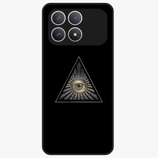 Illuminati Evil Glass Case showing flat back view with mysterious illuminati symbol artwork and glossy glass finish.