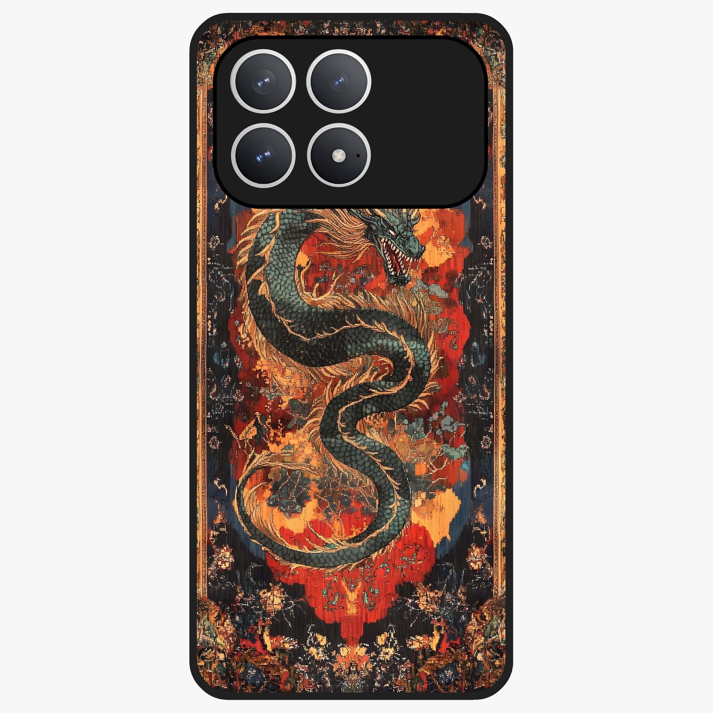 Inferno Dragon Soul Glass Case showing flat back view with fiery dragon artwork and glossy glass finish.