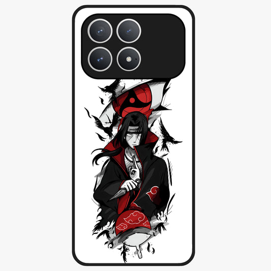 Itachi Sharingan Glass Case showing flat back view with powerful anime eye artwork and glossy glass finish.