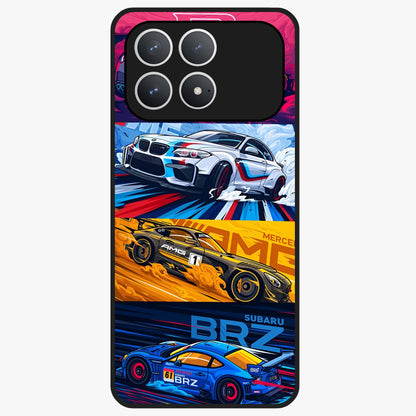 JDM Sports Car Glass Case showing flat back view with high performance sports car artwork and glossy glass finish.