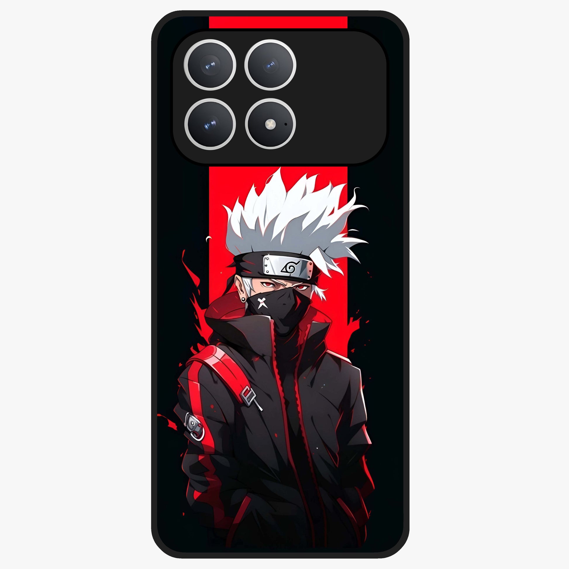 Kakashi Scarlet Shadow Glass Case showing flat back view with powerful anime ninja artwork and glossy glass finish.