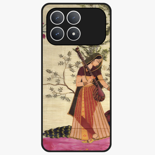 Lady With Veena Art Glass Case showing flat back view with elegant woman playing veena artwork and glossy glass finish.