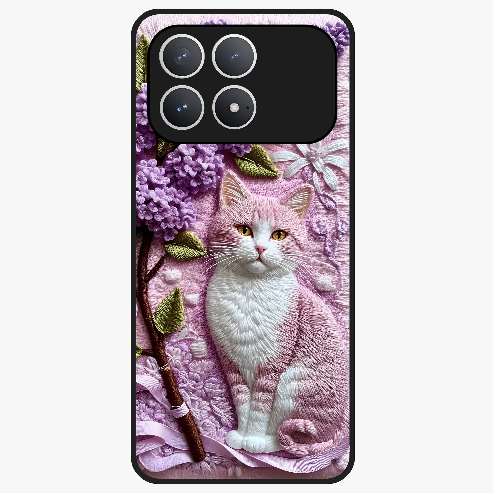 Lavender Cat Whimsy Glass Case showing flat back view with cute lavender cat artwork and glossy glass finish.