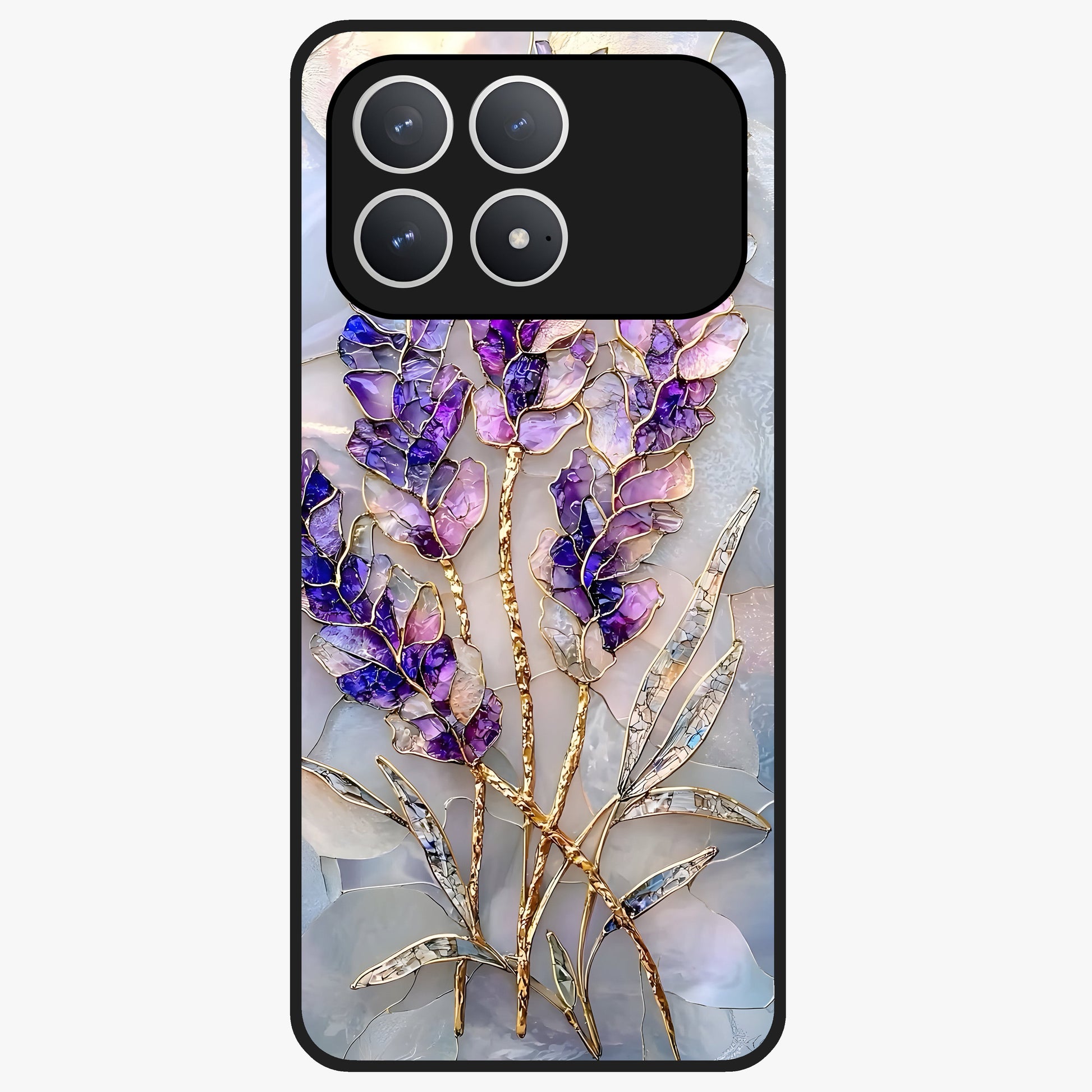 Lavender Dream Glow Glass Case showing flat back view with glowing lavender aesthetic artwork and glossy glass finish.