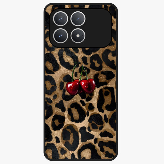Leopard Wild Cherry Glass Case showing flat back view with leopard pattern and cherry artwork and glossy glass finish.