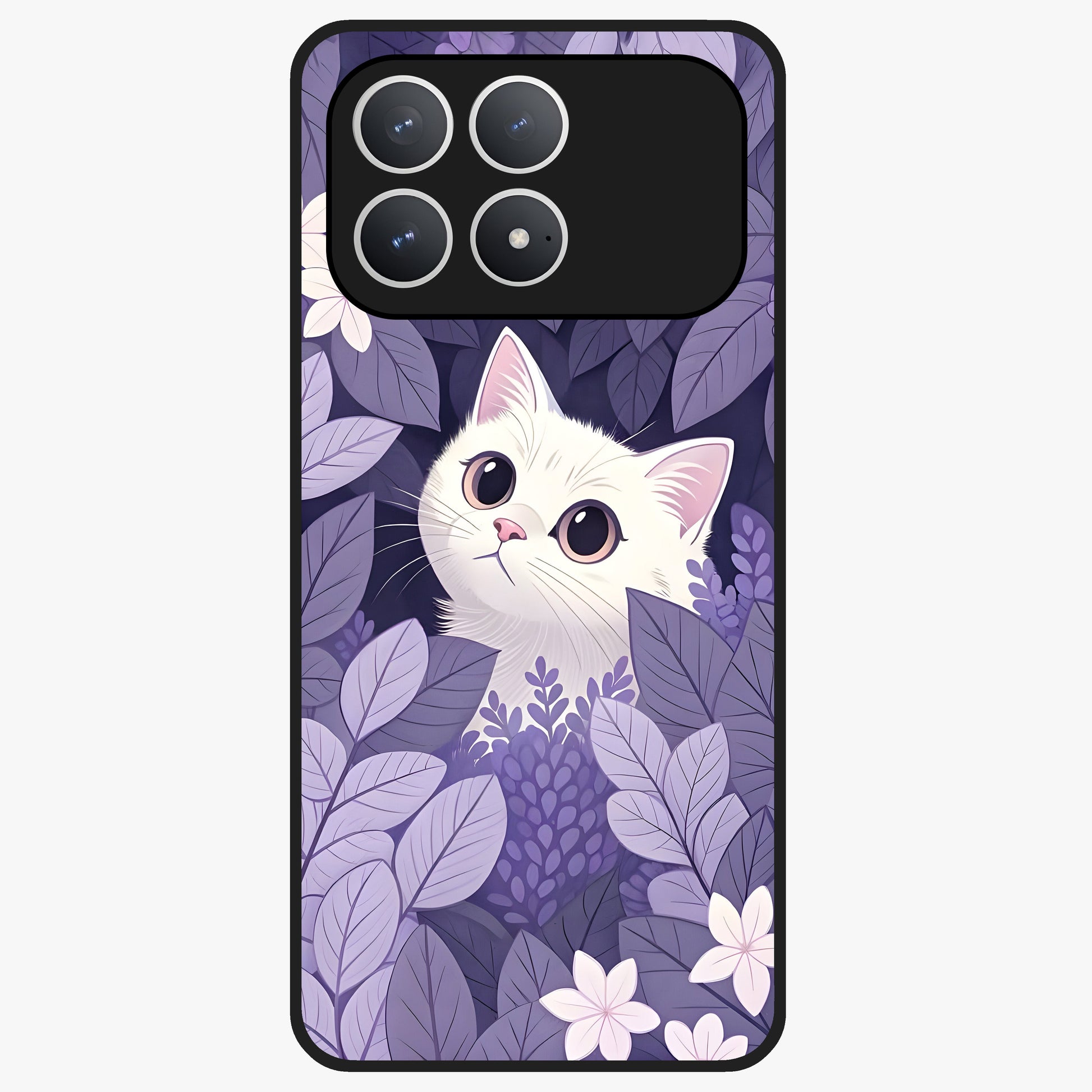 Lilac Hide Peek Cat Glass Case showing flat back view with cute peeking cat artwork and glossy glass finish.