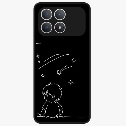 Line Art Boy With Shooting Stars Glass Case showing flat back view with minimal line art boy and shooting stars illustration and glossy glass finish.