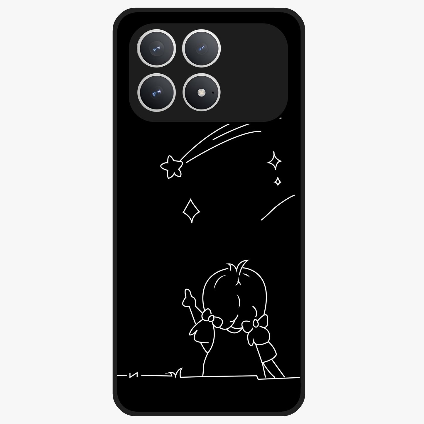 Line Art Girl With Shooting Stars Glass Case showing flat back view with minimal line art girl and shooting stars illustration and glossy glass finish.