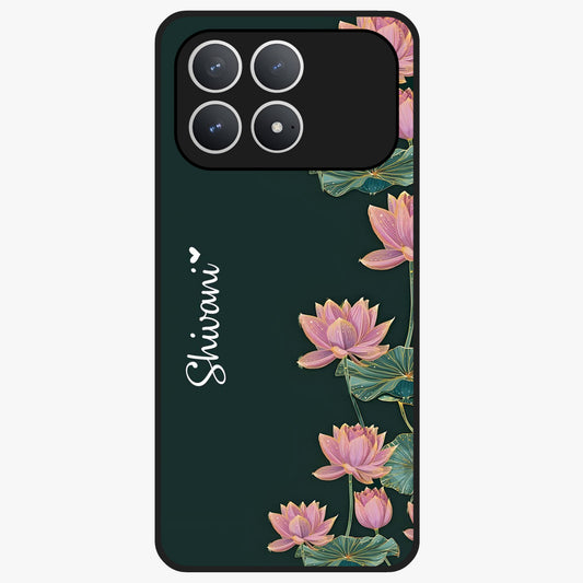 Lotus Bloom Serenity Custom Name Glass Case showing flat back view with elegant lotus flower artwork and personalized name design.