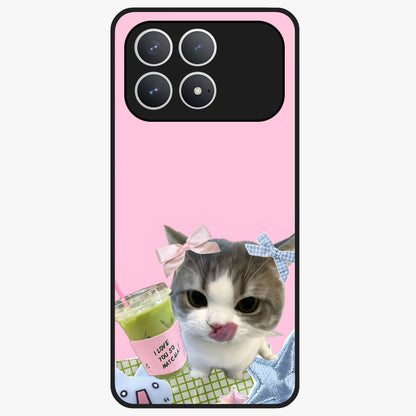 Love Matcha Cat Glass Case showing flat back view with cute cat and matcha themed artwork and glossy glass finish.