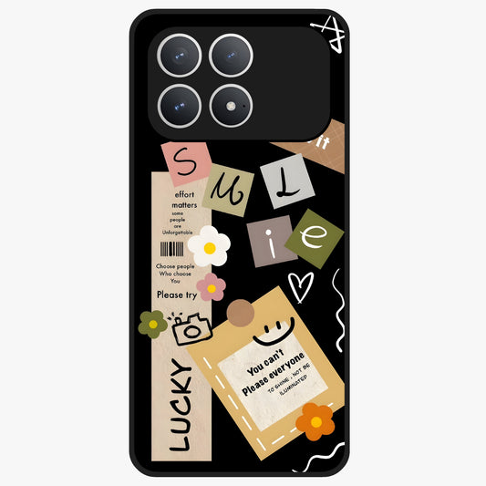 Lucky Aesthetic Collage Glass Case showing flat back view with trendy aesthetic collage artwork and glossy glass finish.