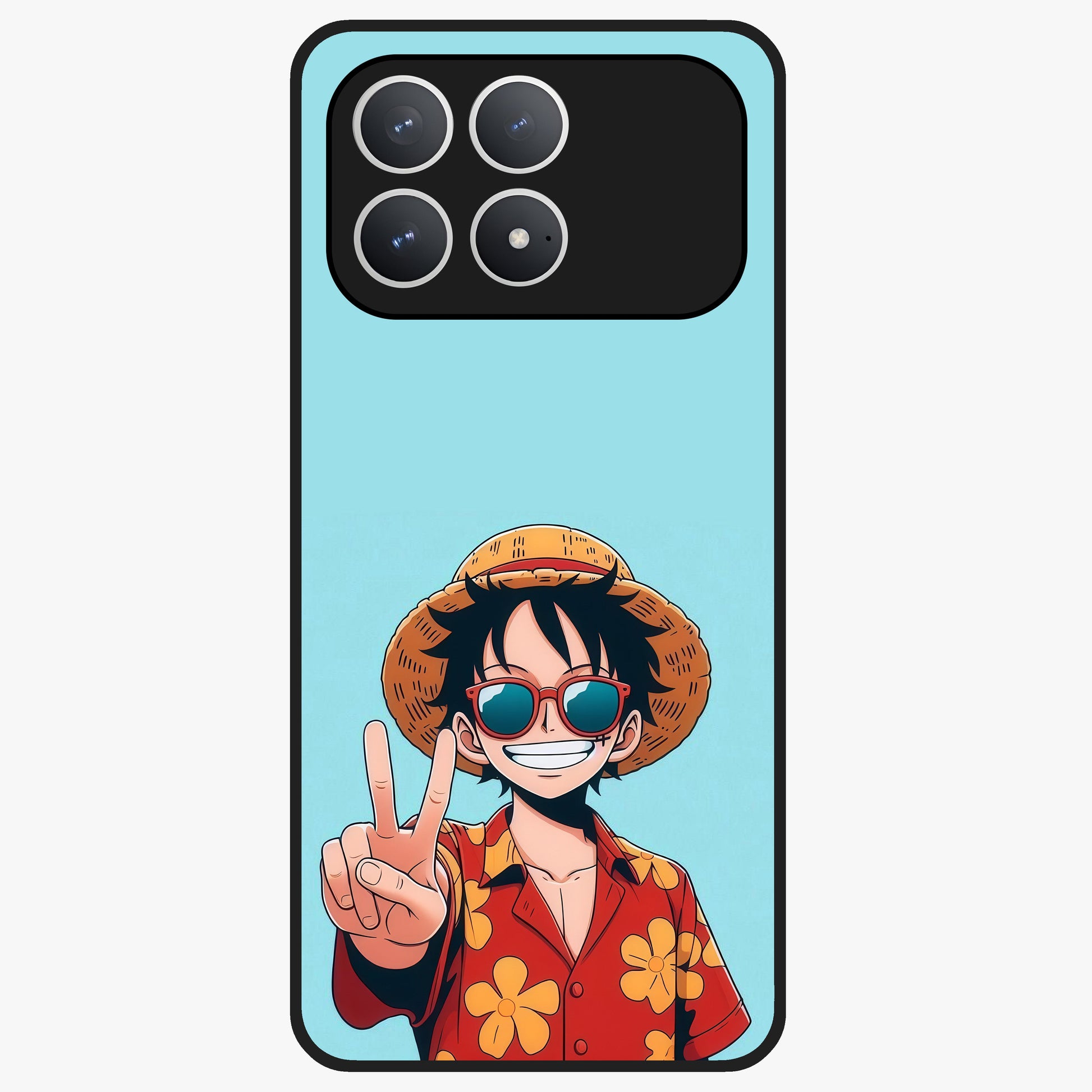 Luffy Summer Anime Vibe Glass Case showing flat back view with vibrant anime character artwork and glossy glass finish.