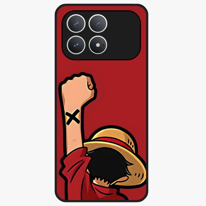 Luffy X Spirit Glass Case showing flat back view with bold anime character artwork and glossy glass finish.