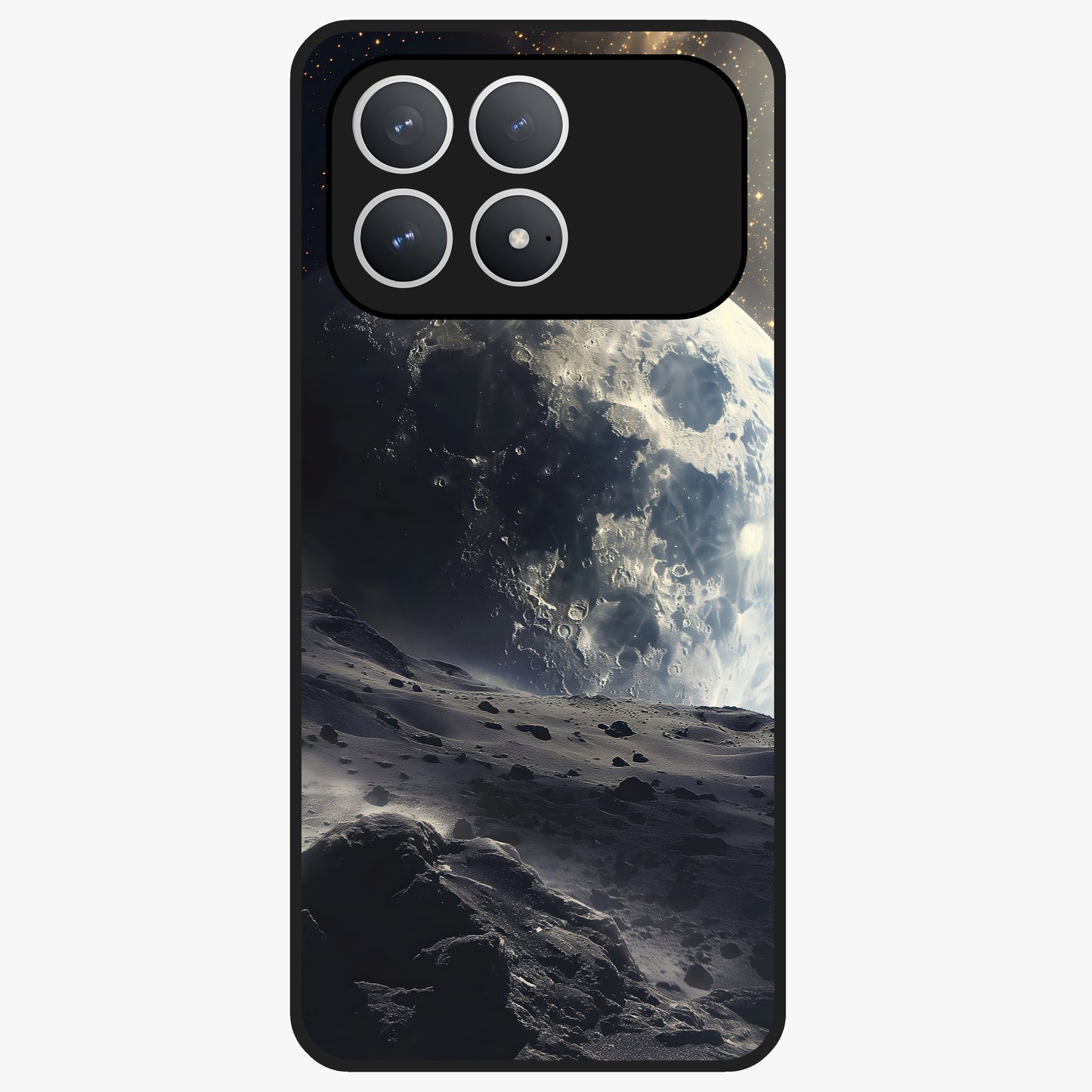 Lunar Horizon Glow Glass Case showing flat back view with glowing moon horizon artwork and glossy glass finish.