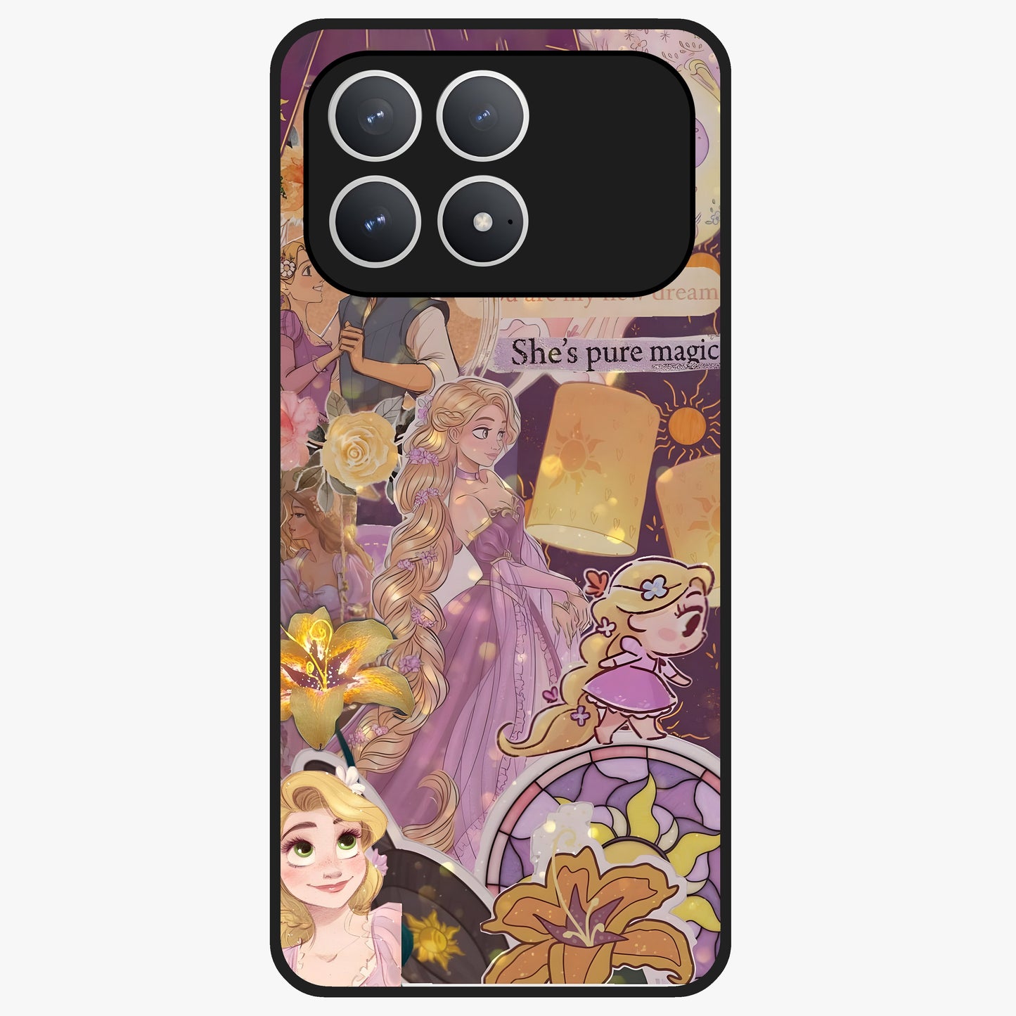 Magical Tangled Dream Glass Case showing flat back view with dreamy tangled artwork and glossy glass finish.