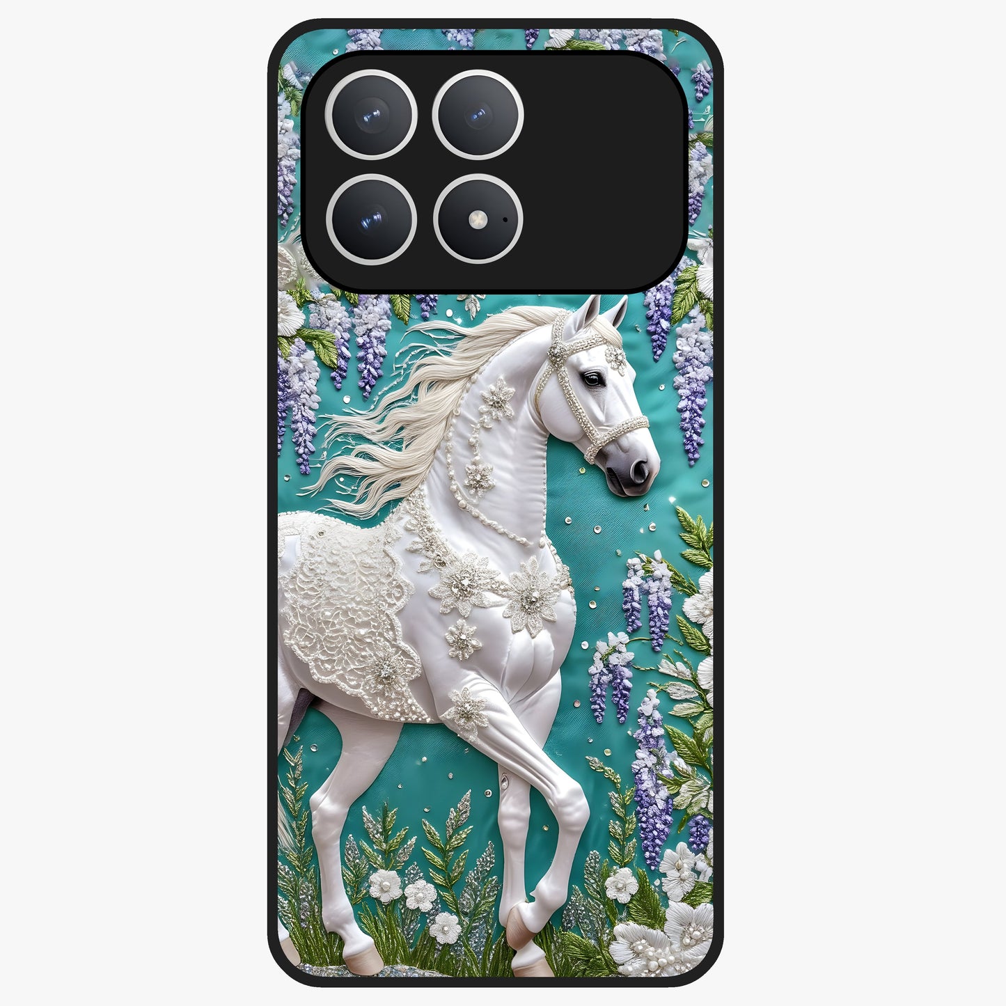 Majestic Floral Stallion Glass Case showing flat back view with powerful horse and floral artwork and glossy glass finish.