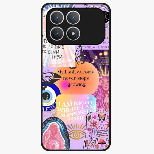 Manifestation Collage Glass Case showing flat back view with motivational collage artwork and glossy glass finish.