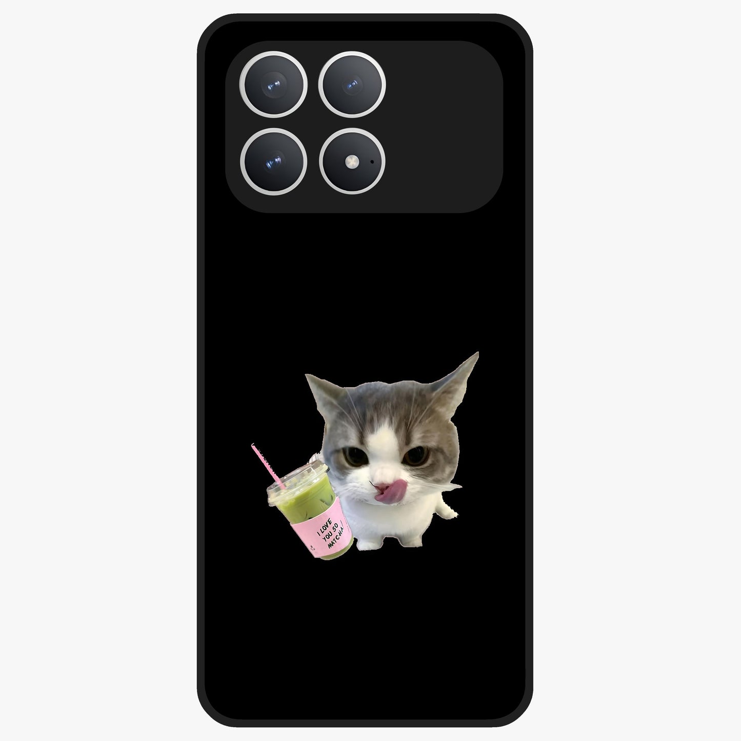 Matcha Cat Style Glass Case showing flat back view with cute matcha themed cat artwork and glossy glass finish.