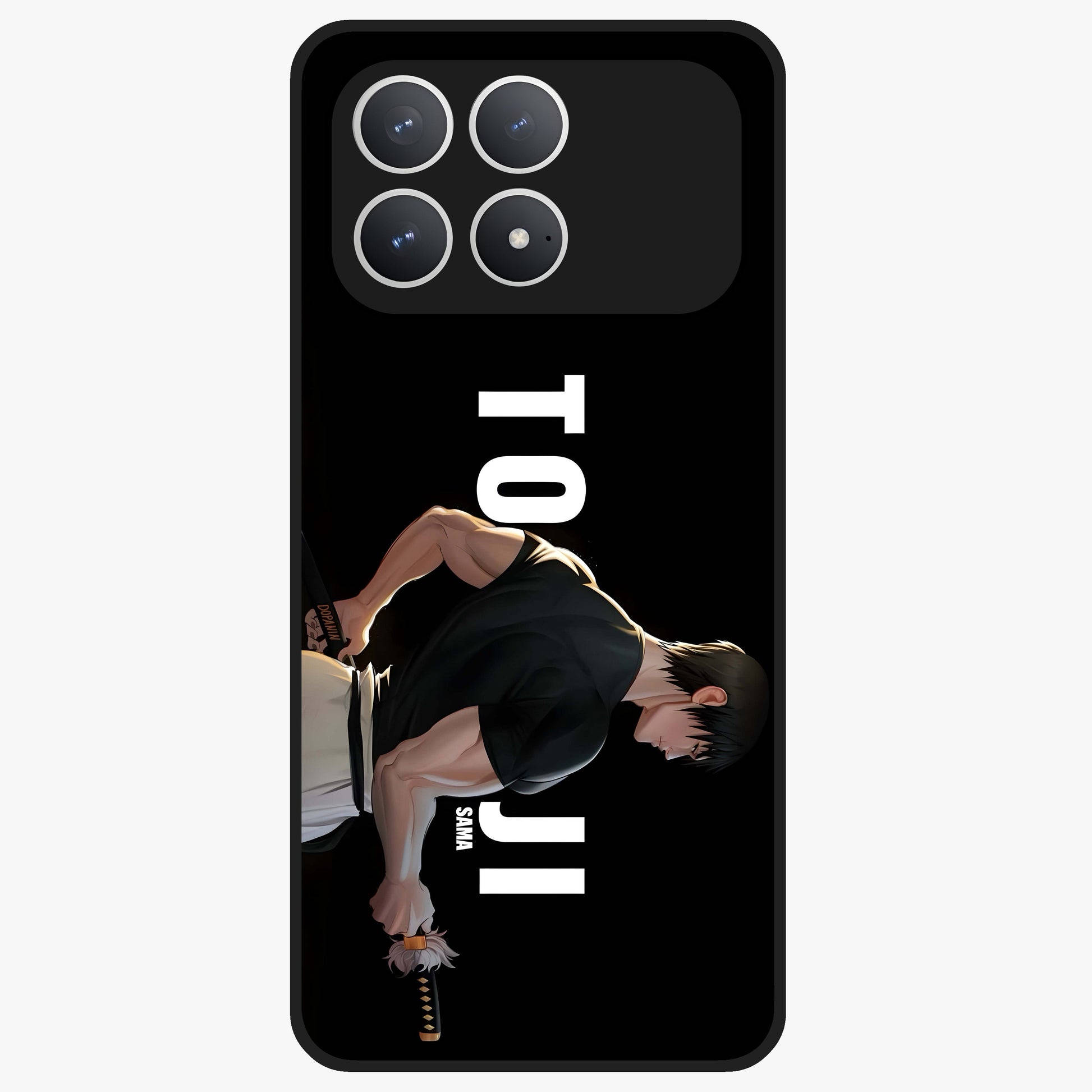 Midnight Blade Resolve Glass Case showing flat back view with dark warrior sword artwork and glossy glass finish.