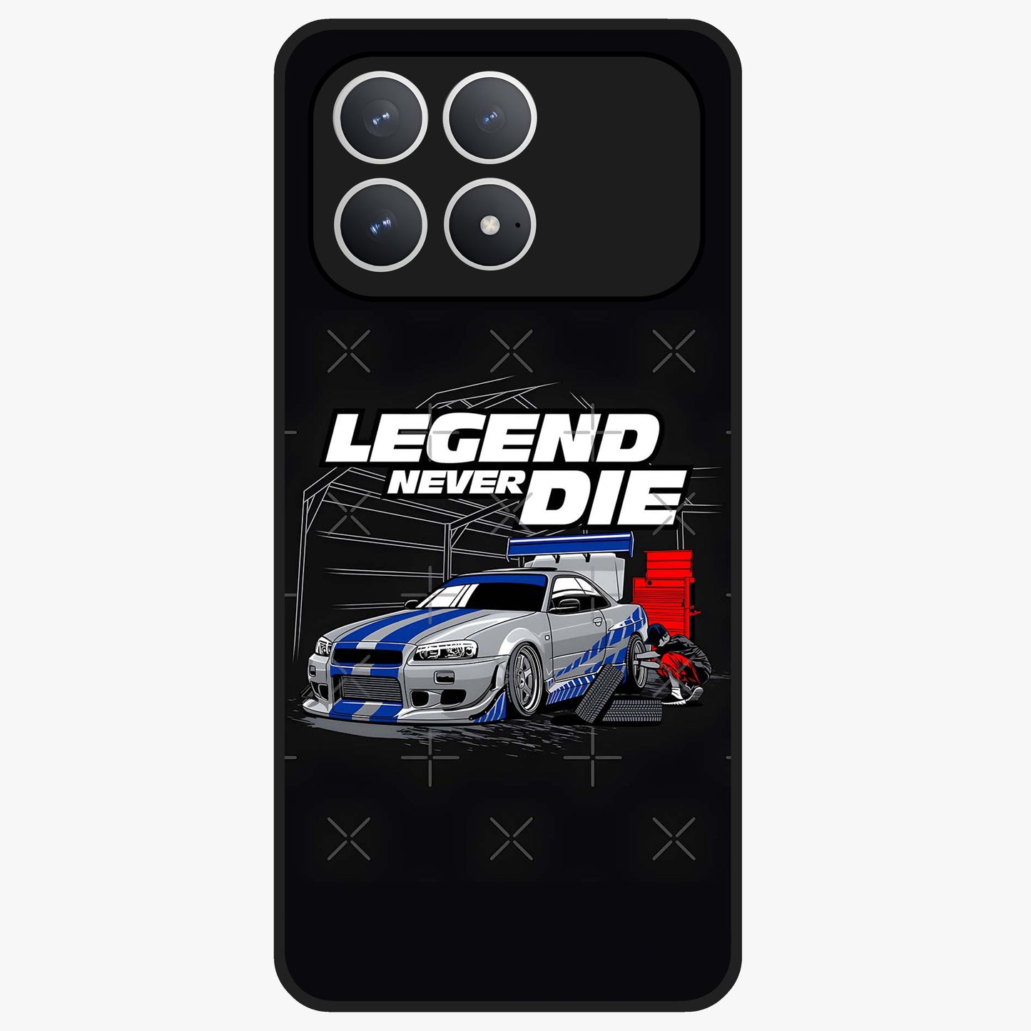 Midnight Racing Legacy Glass Case showing flat back view with sleek racing inspired artwork and glossy glass finish.