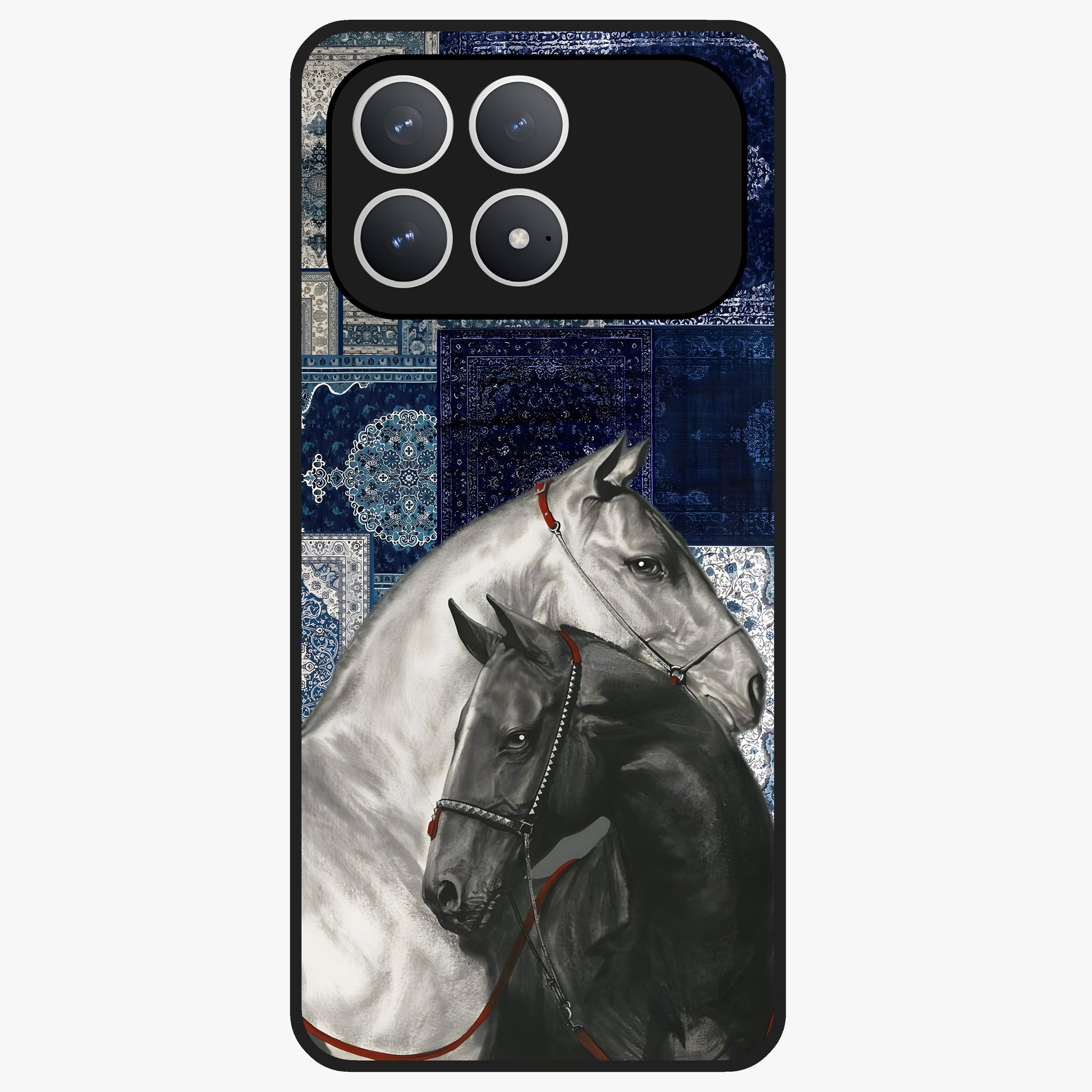 Midnight Stallion Blues Glass Case showing flat back view with majestic horse artwork and glossy glass finish.