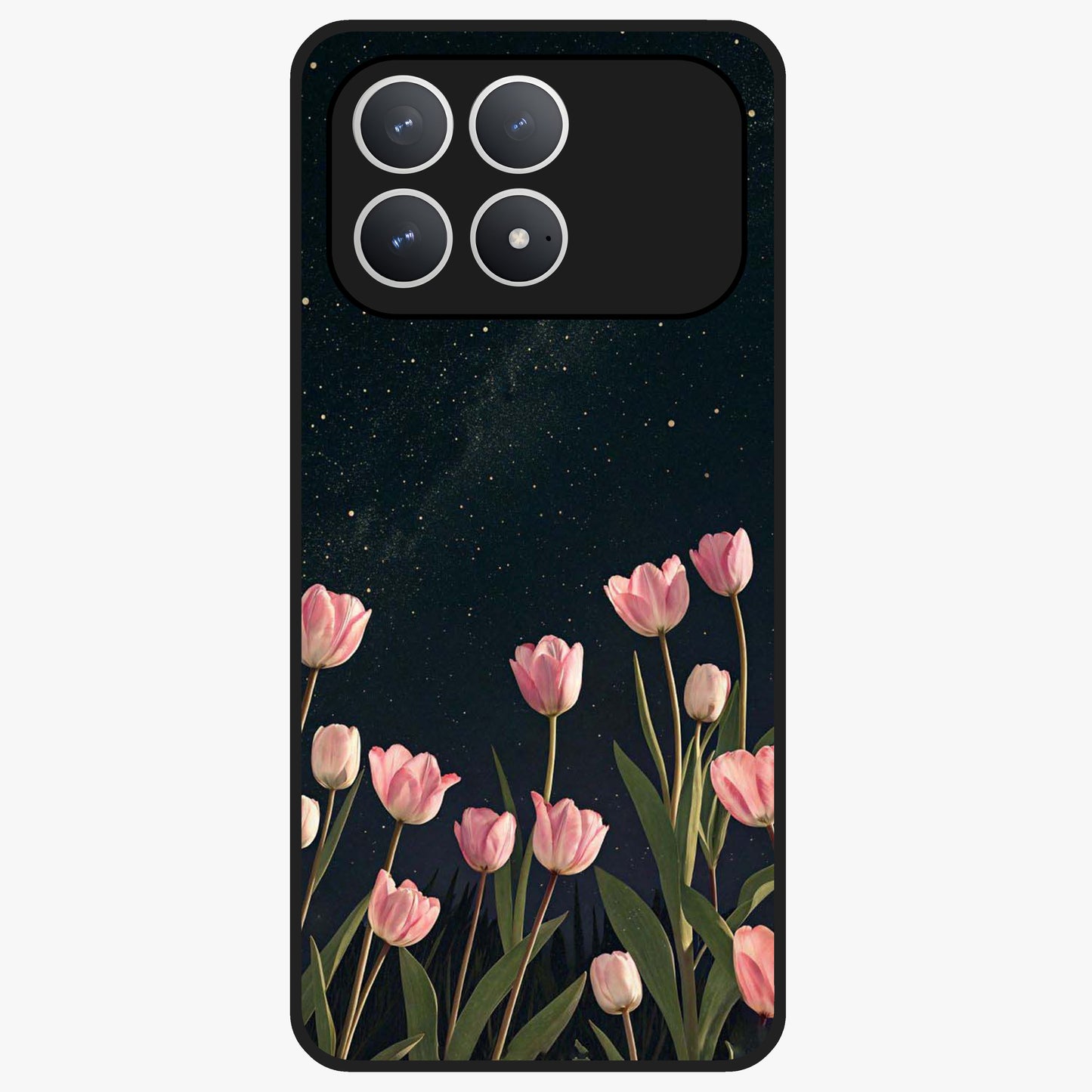 Midnight Tulip Whispers Vibe Glass Case showing flat back view with elegant tulip flower artwork and glossy glass finish.