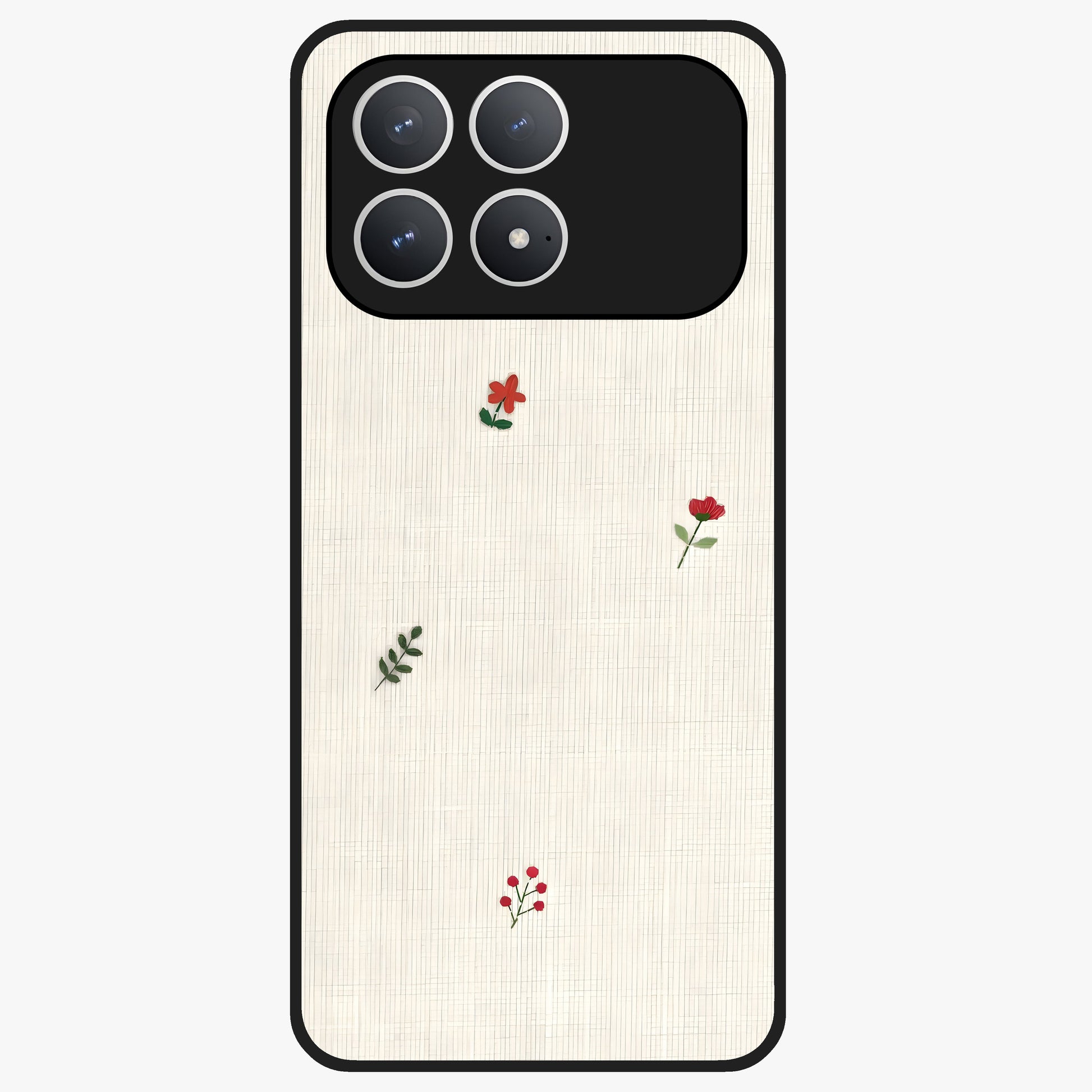 Minimal Petal Whispers Glass Case showing flat back view with soft minimal floral artwork and glossy glass finish.