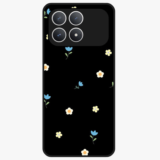 Minimalistic Blue With White Flower Pattern Glass Case showing flat back view with blue background and white flower pattern and glossy glass finish.