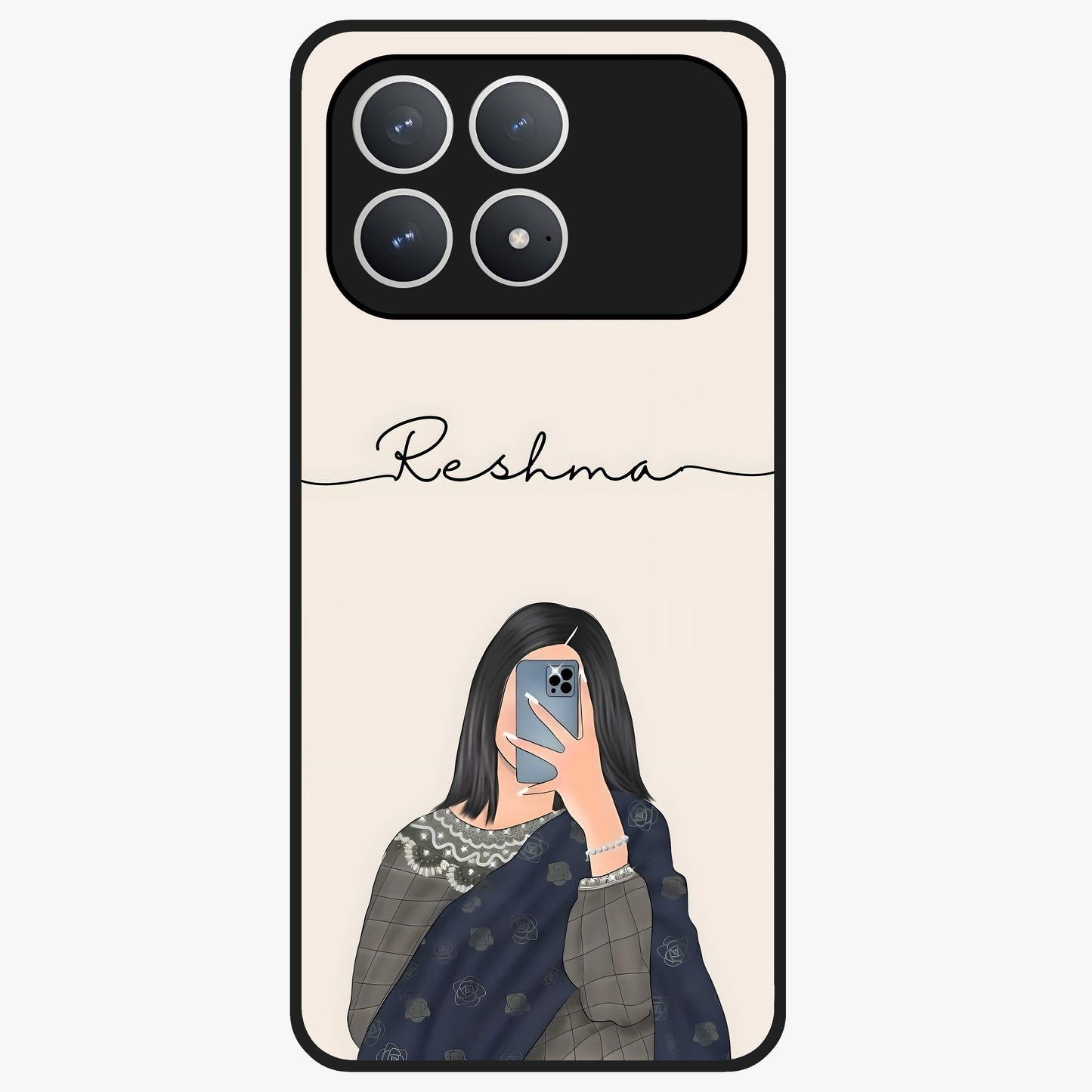 Mirror Mood Muse With Custom Name Glass Case showing flat back view with stylish mirrored artwork and personalized name design.