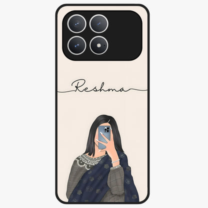 Mirror Mood Muse With Custom Name Glass Case showing flat back view with stylish mirrored artwork and personalized name design.