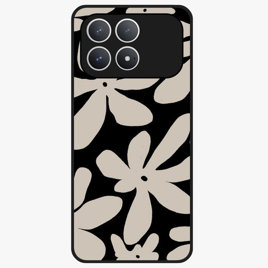 Monochrome Petal Dance Glass Case showing flat back view with monochrome floral artwork and glossy glass finish.