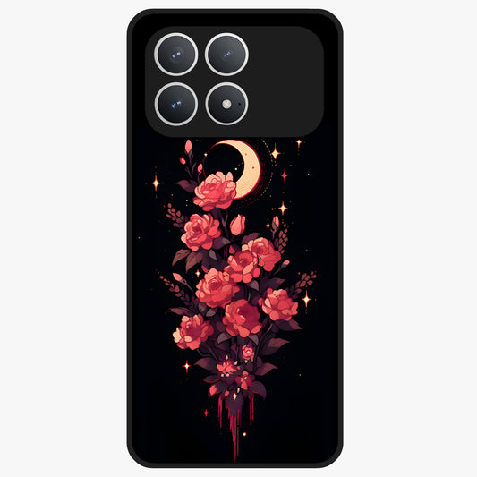 Moonlit Floral Elegance Glass Case showing flat back view with elegant floral artwork under moonlit tones and glossy glass finish.