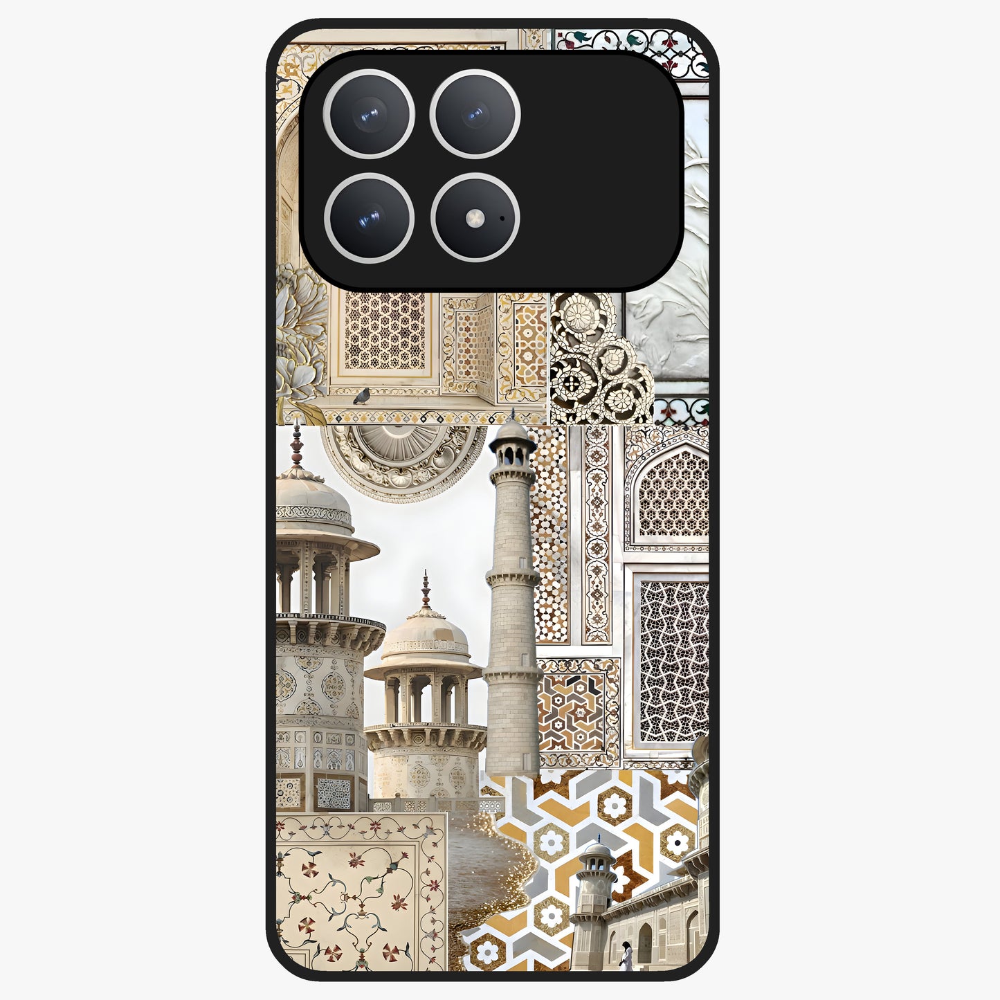Mughal Marble Legacy Glass Case showing flat back view with intricate Mughal inspired marble pattern and glossy glass finish.