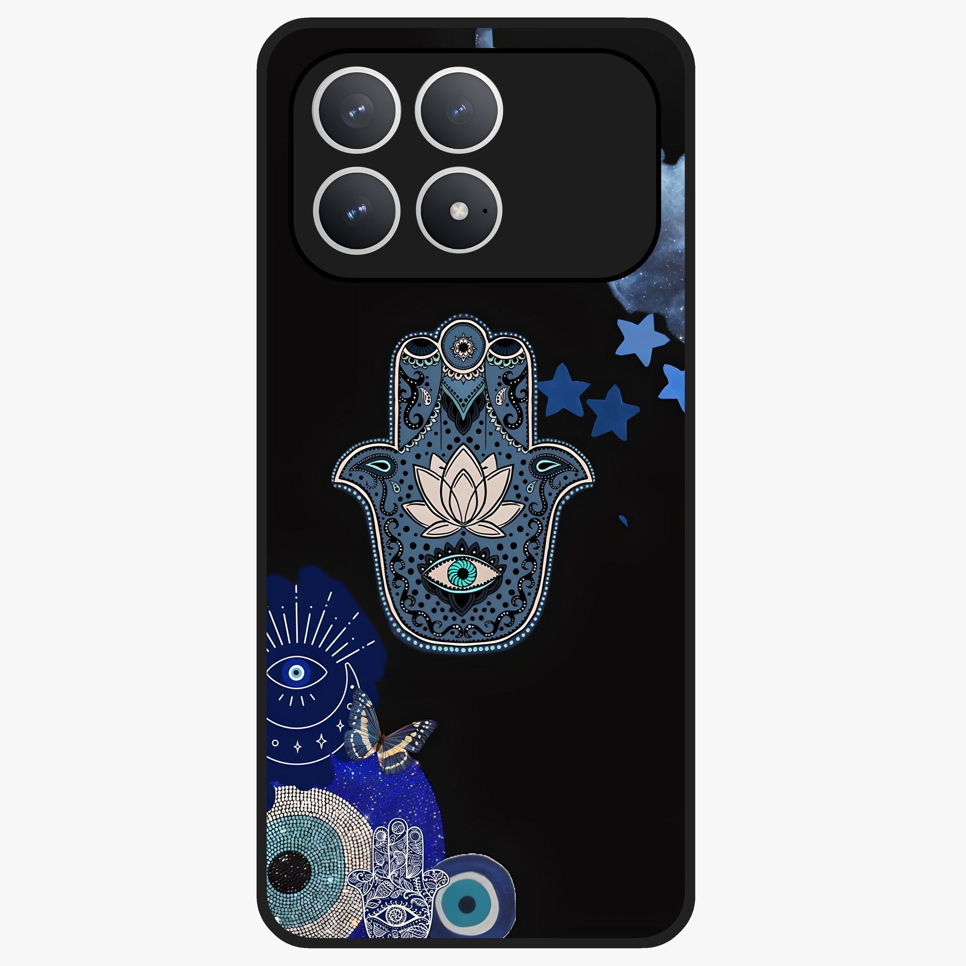 Mystic Hand Aura Glass Case showing flat back view with mystical hand symbol artwork and glossy glass finish.